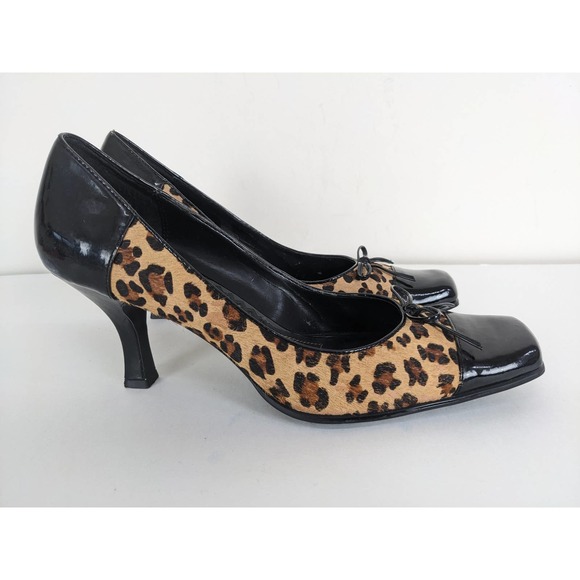 Franco Sarto Leopard Cheetah Print Calf Hair Square Cap Toe Bow Y2K Heels Sz 8 - Picture 3 of 6